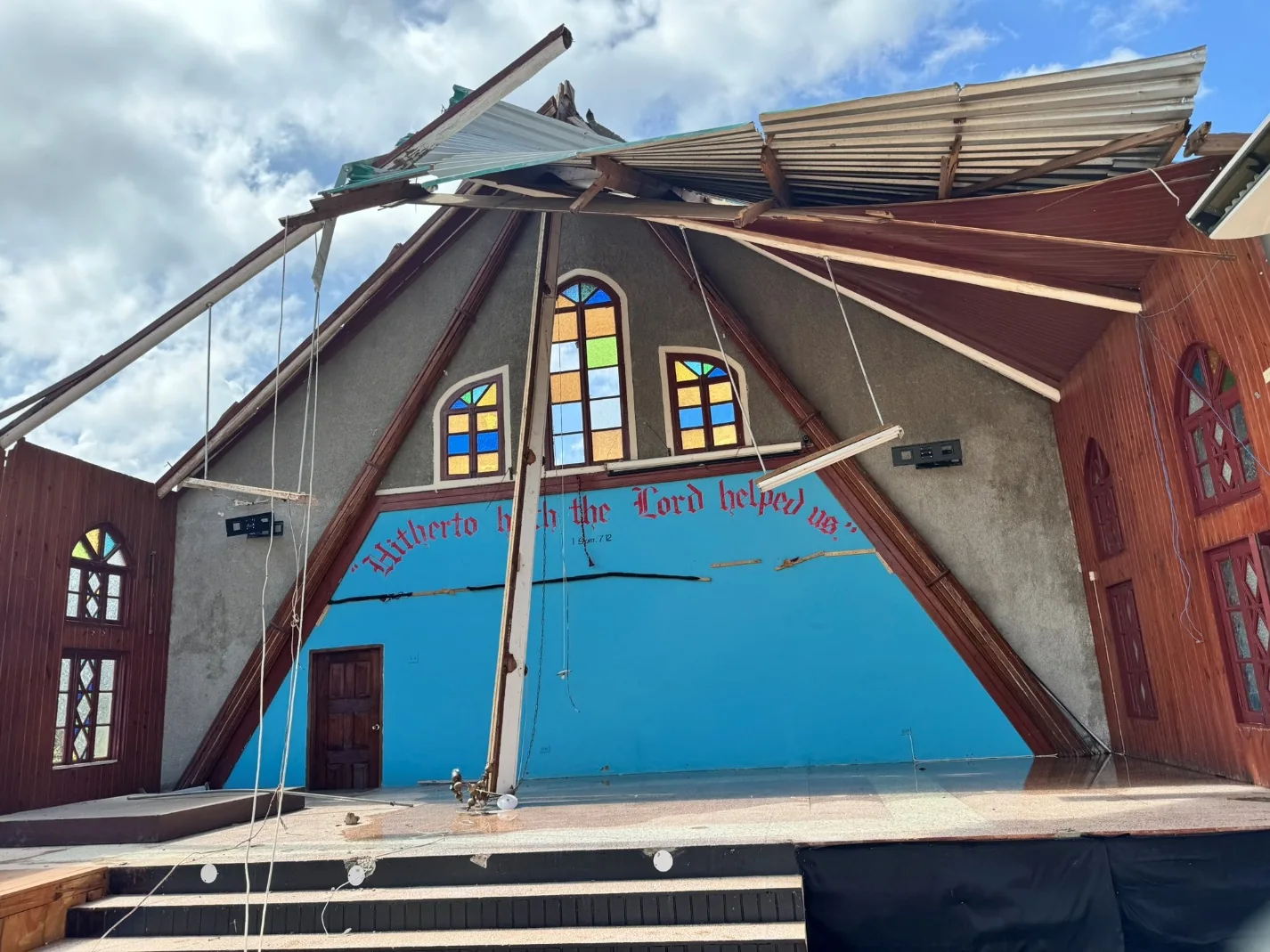 Exterior of a church damaged by the hurricane