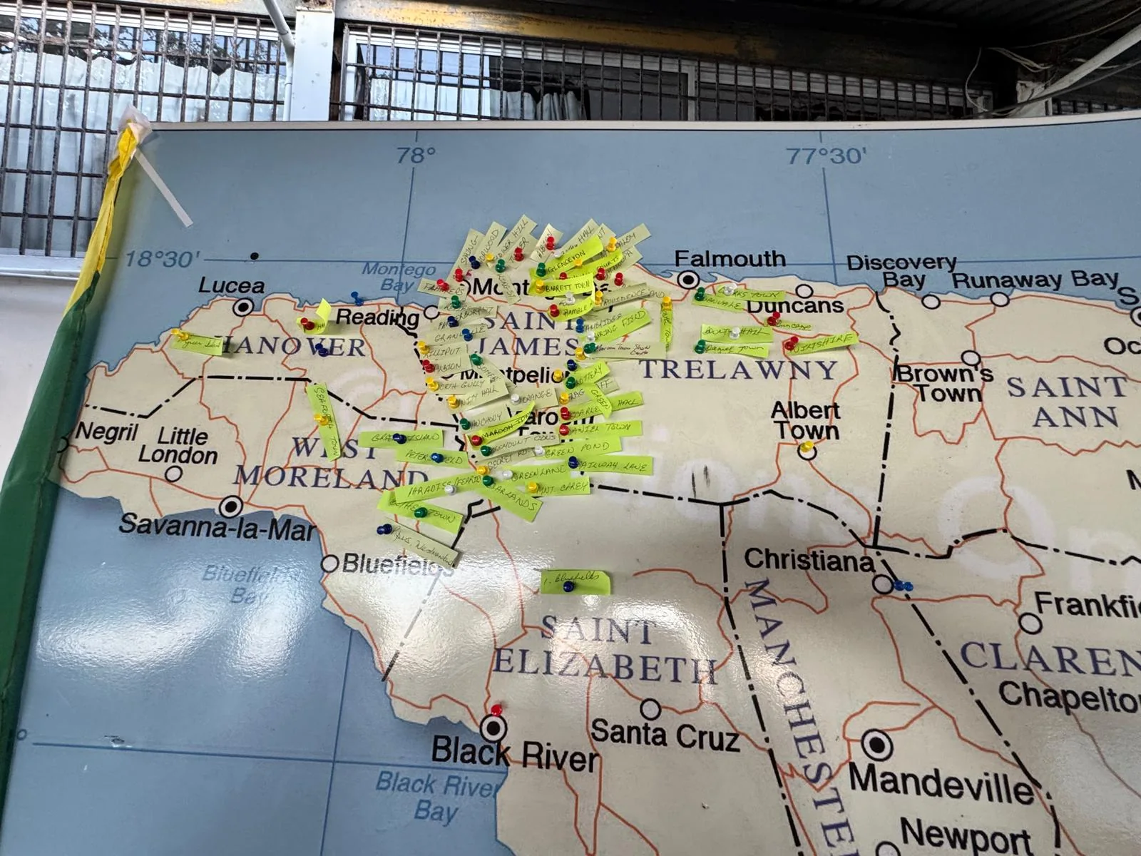 Map highlighting relief communities in western and southwestern Jamaica